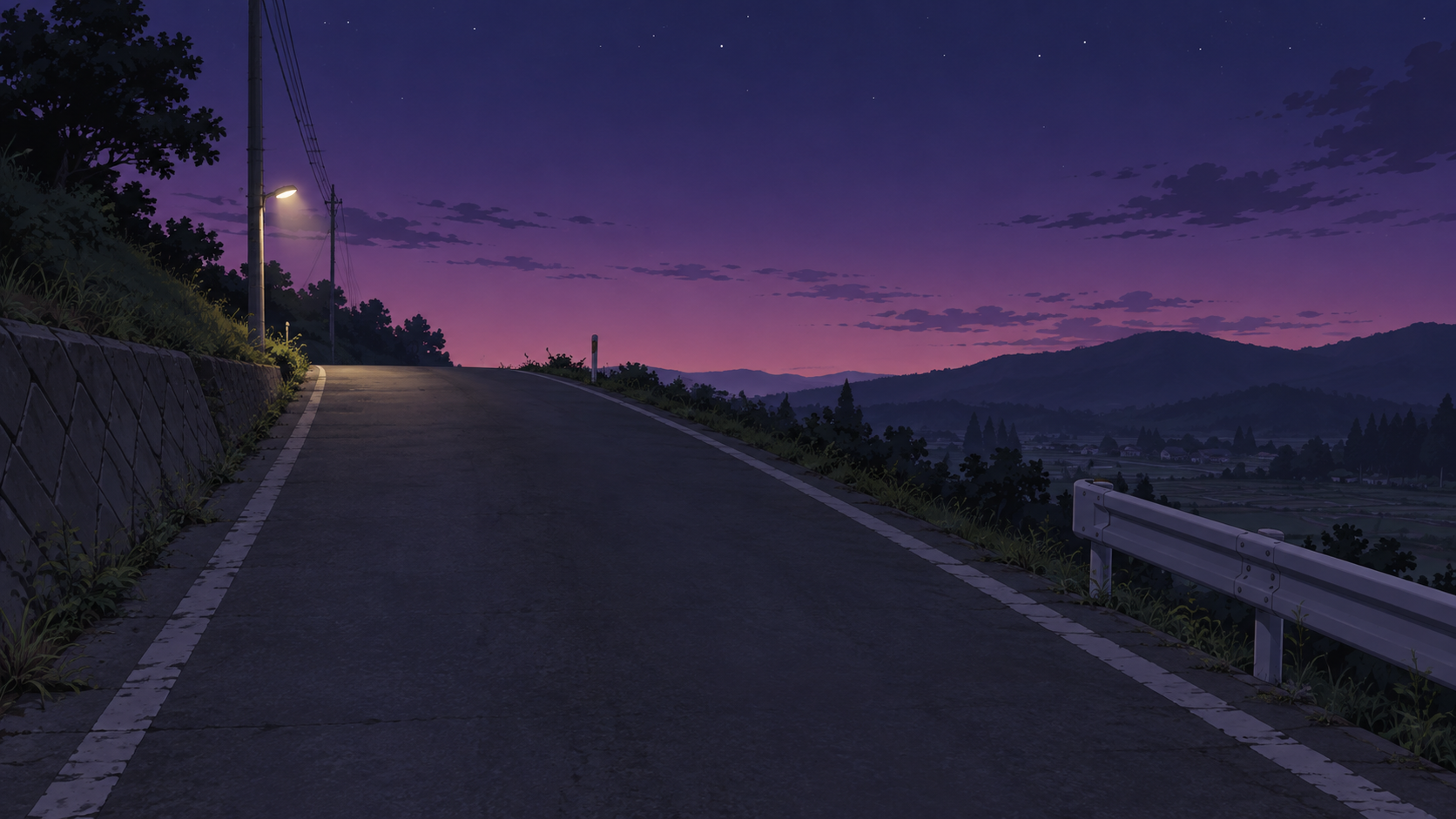 An uphill rural road under a purple early-night sky, with one streetlight on the left and distant mountains and a village on the right