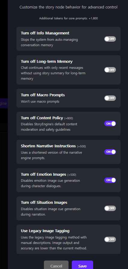 Advanced Settings panel with eight toggles and a token bonus counter at the top
