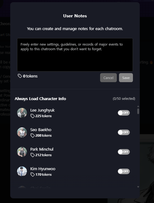 The reader's User Notes menu with an Always Load Character Info list, each character showing a token cost and an ON/OFF toggle, header reading 0 of 50 selected