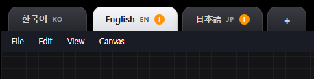 Language tabs KO, EN, JP with an orange exclamation badge on the EN and JP tabs indicating those canvases need compiling