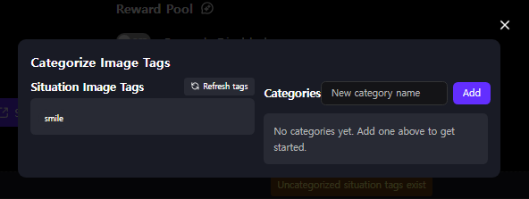 Categorize Image Tags dialog showing an uncategorized smile tag and an empty category list