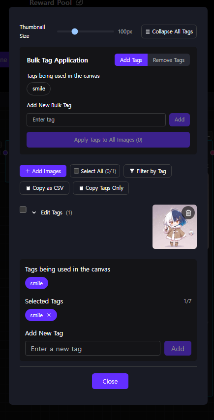 Bulk tag editing panel with Bulk Tag Application, Add Images, Filter by Tag and CSV export controls