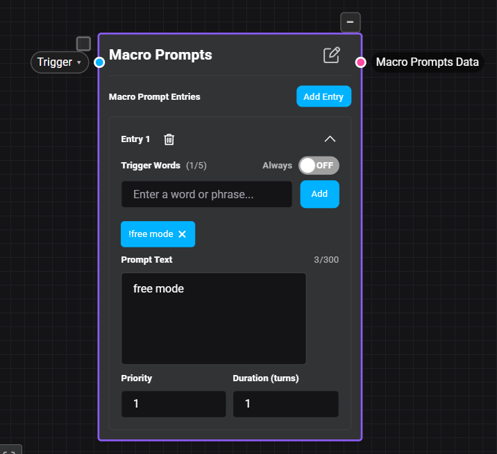 A macro prompt entry with Always OFF and a keyword trigger of exclamation-free-mode, used as a mode toggle
