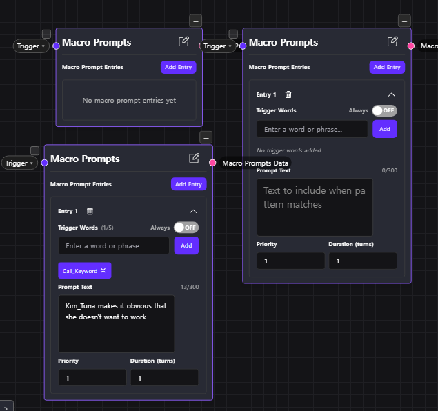 Three macro prompt nodes showing empty state, a new entry, and a filled entry