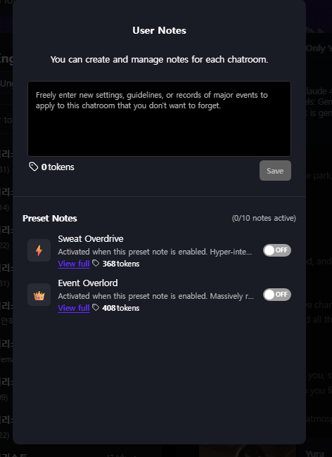 The reader-side User Notes menu, showing a personal notes field above a list of preset notes with ON/OFF toggles and per-note token counts