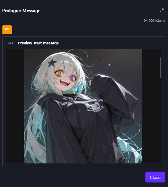 The Preview start message view rendering the opening with the called character image displayed inline