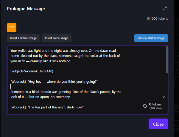 The prologue message editor with a line reading Subjects Wooreok, Tags A10 embedded in the opening text, plus Insert emotion image, Insert scene image, and Preview start message buttons