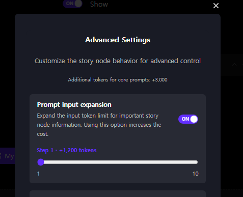 Advanced Settings with Prompt input expansion turned ON, showing a Step 1 plus 1,200 tokens slider from 1 to 10, and the core-prompt token total raised to plus 3,000
